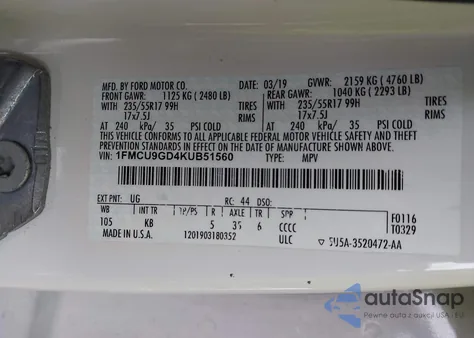 2019 Ford Escape Se из США, поврежденный, VIN 1FMCU9GD4KUB51560